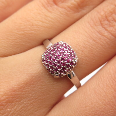 #ad 925 Sterling Silver Lab Created Pink Sapphire Dotted Square Ring Size 5.75 $34.95