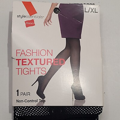 #ad Hanes Fishnet Fashion Textured Tights Black Non Control Top Size L XL $2.00