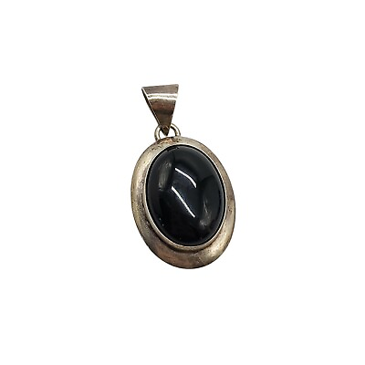 #ad Sterling Silver Black Onyx Cabochon Inlay Necklace Pendant Vintage 6 grams $39.59