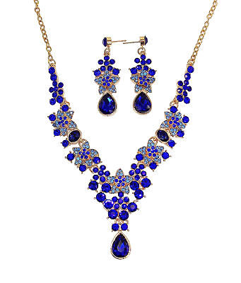 #ad Blue crystal necklace earring set w teardrop crystal pendant Y neck design New $17.99