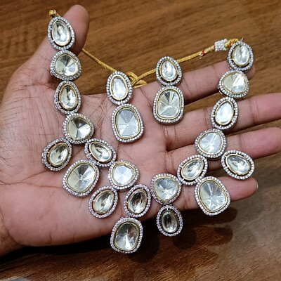 Bollywood Style Indian Silver Plated Kundan Jadau Necklace Fashion Jewelry Sets $78.60