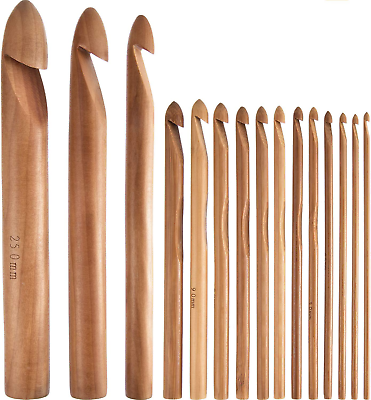 #ad 15 Pieces Wooden Bamboo Crochet Hooks Set Handcrafted Knitting Needles Weave Yar $23.49