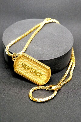 #ad Versace Logo Dock Tag Necklace Gold Chain Pendants MEN#x27;S Ladies Accessories Auth $429.73