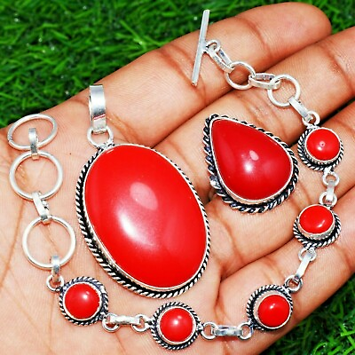#ad Wholesale Red Coral 925 Sterling Silver Plated Handmade 3pcs Jewelry Sets $9.49