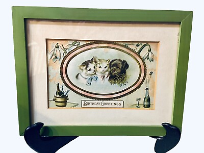 #ad Birthday Card Framed Cats Dog Celebration Adorable Gift. Antique $25.00