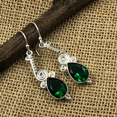 #ad Natural Emerald Gemstone Drop Dangle Green Earrings 925 Sterling Silver Jewelry $13.58