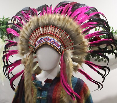 #ad Indian Headdress Chief Red pink Color Long Costume Feathers Handmade AU $169.00