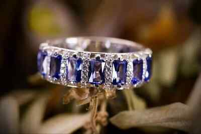 #ad 2Ct Emerald Cut Lab Created Tanzanite Halo Eternity Band 14K White Gold Plated $105.29