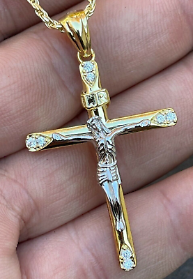 #ad 0.90Ct Round Cut Lab Created Diamond Jesus Cross Pendant 14K Yellow Gold Plated $145.19