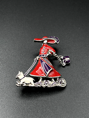 #ad Vintage Red Purple White Silver Enameled Lady With Movable Purse Brooch Pin $12.00