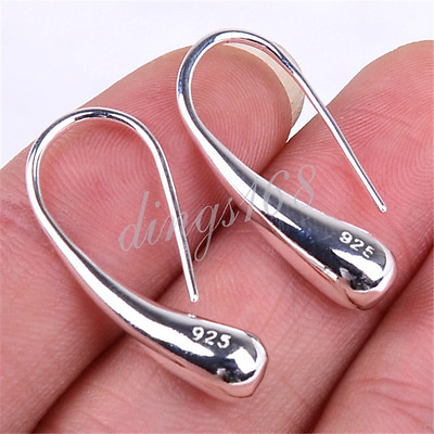 #ad Genuine 925 Sterling Silver Elongated Teardrop Drop Charm 1quot; Hoop Earrings H010 $14.99