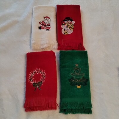 #ad Vintage Kitchen Towels Christmas Holiday Embroidered Lot Of 4 Fringed $11.90