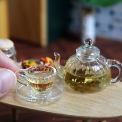 #ad 1 6 Dollhouse Miniature Glass Teapot Mini Cup with Saucer Kitchenware Accessorie $18.49