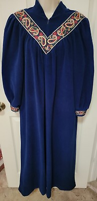 #ad VTG 70#x27; VANITY FAIR Petite Long Cobalt Blue Robe Housecoat Zip Closure Size PL $26.00