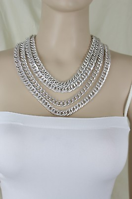 #ad Women Fancy Trendy Fashion Necklace Short Multi Strands Silver Metal Chain Links $14.95