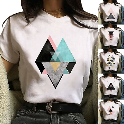 #ad UK Women Geometric Graphic Print Tops Harajuku Female Round Neck T shirt Blouse $15.99