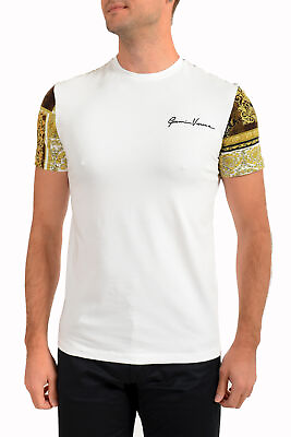 #ad Versace Men#x27;s Whiteamp;Barocco Print Short Sleeve Logo Embroidery Crewneck T Shirt $249.99