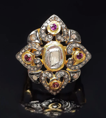 #ad Birthday Ring Ruby Polki Diamond Ring 925 Sterling Silver Diamond Ring $141.45