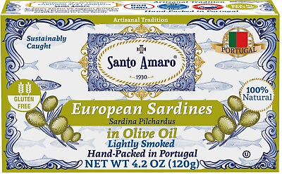 #ad 12 Pack Santo Amaro European Wild Sardines in Olive Oil Lightly Smoked 120g un $52.99