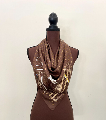 #ad Louis Vuitton Unisex Scarf Monogram Classic Print Trunks Brown Silk Wrap $350.00