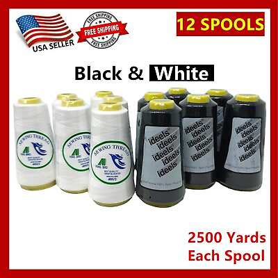 #ad #ad 12 Big Spools Sewing Thread Polyester WHITE amp; BLACK 2500 Yards Each Spool NEW $23.89