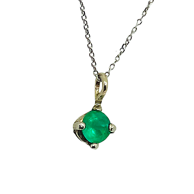 #ad 14k Solid White Gold 4mm Round Solitaire Emerald .31 CTW Pendant amp; 14k Chain $419.99