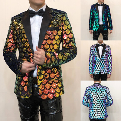 #ad Men Glitter Shiny Scale Sequin Blazer Jacket Coat Lapel Suit Fancy Dress Clothes $54.05