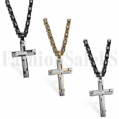 Stainless Steel Matching Cross Pendant Necklace for Men Boys 5mm Byzantine Chain $13.29