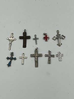 #ad Lot Of 10 Catholic Crosses Crucifix Necklace Pendant Mixed Metal Silver $14.95