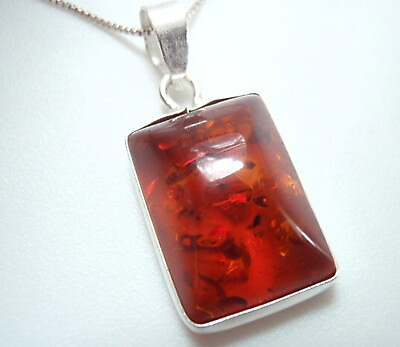 #ad Genuine Amber Rectangle 925 Sterling Silver Necklace 2.1 Grams $16.99