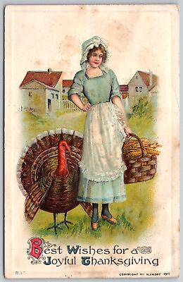 #ad Vintage Early 1900s Thanksgiving vintage postcard woman in dress basket bonnet $5.06