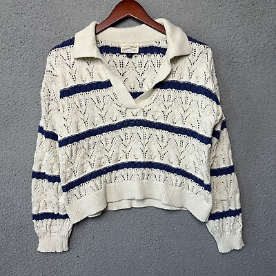 #ad Universal Thread Sweater Women Medium Cream Blue Knit Cropped Boho Beachy Collar $16.97