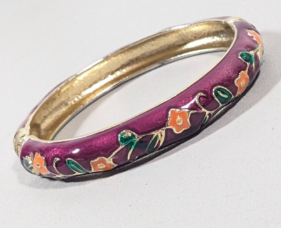 #ad Purple Enamel Orange Flower Hinge Bangle Bracelet 7 inches $6.99