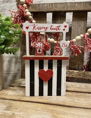 #ad Black amp; White Striped Wood Kissing Booth Valentine#x27;s Tabletop Decor 6quot; NEW $6.99
