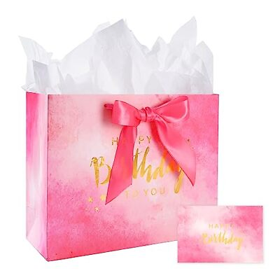 #ad 13quot; Large Birthday Gift Bag with Card and Tissue Paper Big Pink and Gold Birt... $12.80