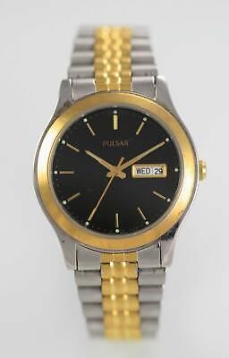 #ad Pulsar Watch Mens Stainless Gold Silver Day Date Black Water Resistant Quartz $38.45