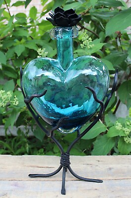 #ad Lg Turquoise Glass Heart Handblown Hand Wrought Stand Decanter Mexican Folk Art $75.00