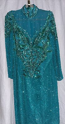 #ad Pure Silk Vintage Teal Green Fully Beaded And Sequence Maxi Dress Gown M L $67.00