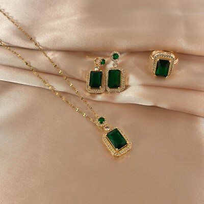 Women 18k Gold Cubic Zirconia Earrings Ring Necklace Set Wedding Jewelry Gifts C $7.86