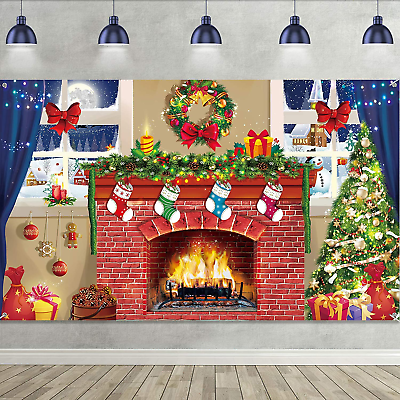#ad Christmas Fireplace Theme Decoration Supplies Large Fabric Red Brick Wall Scene $16.99