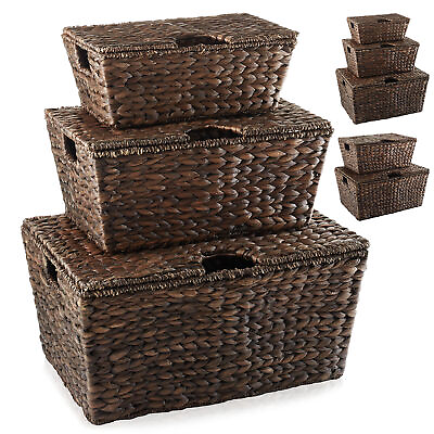 #ad Water Hyacinth Storage Chests with Lids Baskets w Tapered Bottoms $54.99