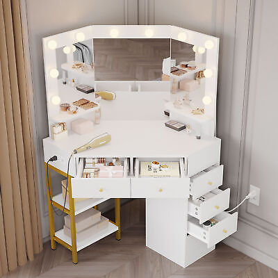 #ad 6 Drawers Vanity Desk Set with Large LED Lighted Mirror for Bedroom Makeup Dress $185.99