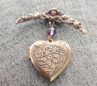 #ad VTG victorian style dangle heart locket brooch $20.95