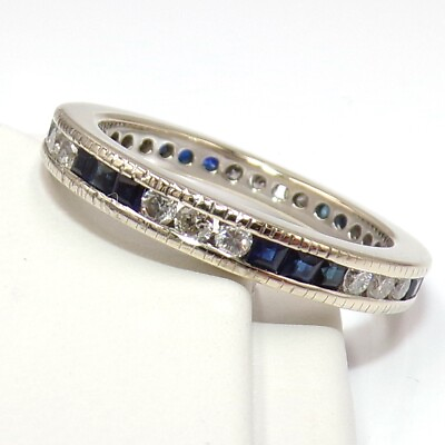 #ad Blue Sapphire amp; Diamond Eternity Wedding Band 14K White Gold Ring Sz 6.75 LLB2 $999.99