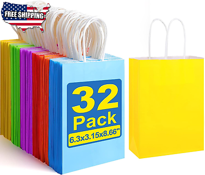 #ad Paper Gift Bags Kraft Paper Party Favor Bags Bulk with Handles 6 Color 32pieces $14.01