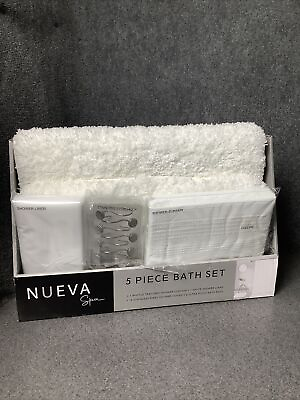 #ad Nueva Spa 5 Piece Bath Set Shower Curtain Liner Hooks amp; 2 Bath Rugs White M45A $27.99