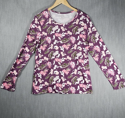 #ad White Stag Woman#x27;s Size L 12 14 Purple Floral Top 100% Cotton Long Sleeves $4.99