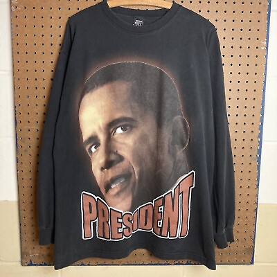 #ad Vintage Barack Obama Big Face AOP President Y2K 2000s T shirt Size XL Mens Black $24.80