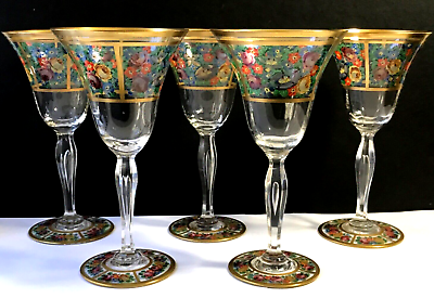 #ad Set 5 Hand Painted Flowers 1950#x27;s Gold Enamel Glass Water Wine Goblets $150.00