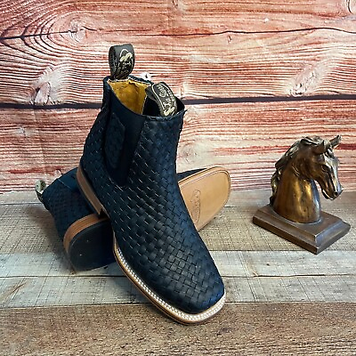 #ad Men Western Cowboy Square Toe Ankle Woven Boot Botin Vaquero Black Petatillo rod $131.18